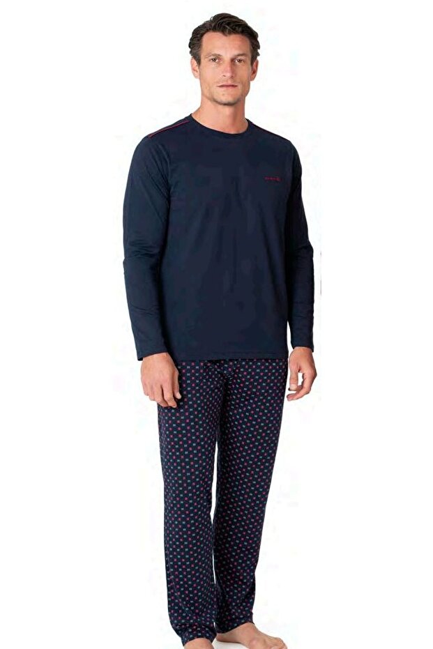 6099 Men's Navy Blue Long Sleeve Crew Neck Pajama Set