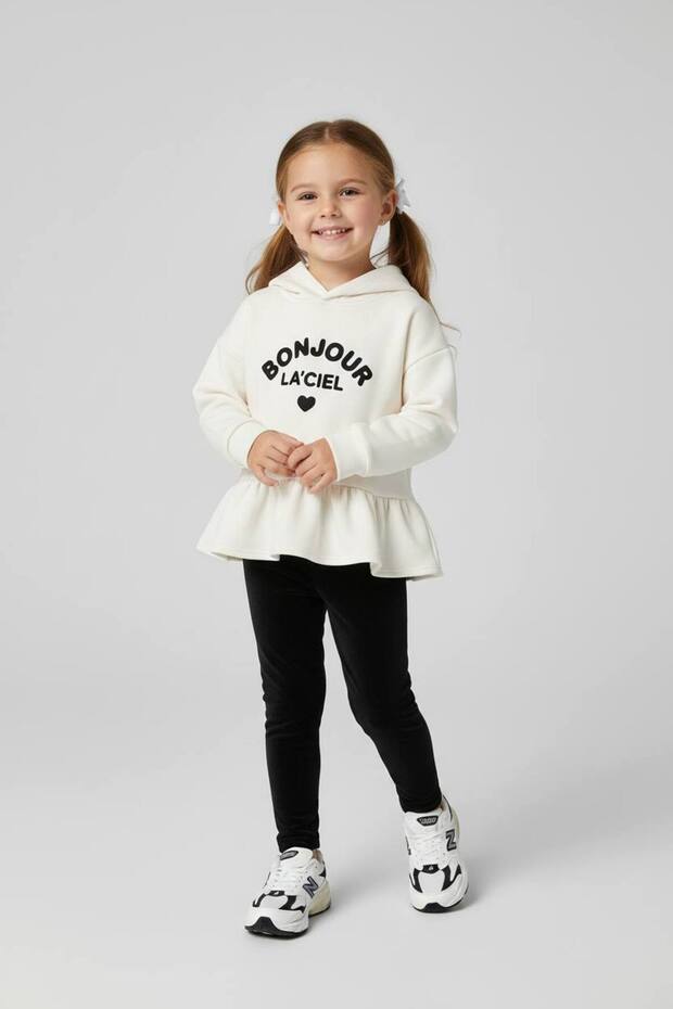 Girl's Bonjour Letter Printed Velvet Leggings Hooded Bottom Top Set