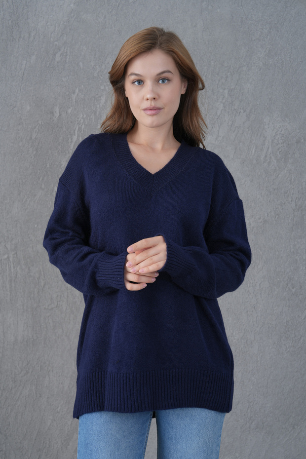 Navy Blue Knitwear Fabric V-Neck Long Oversize Sweater 4093