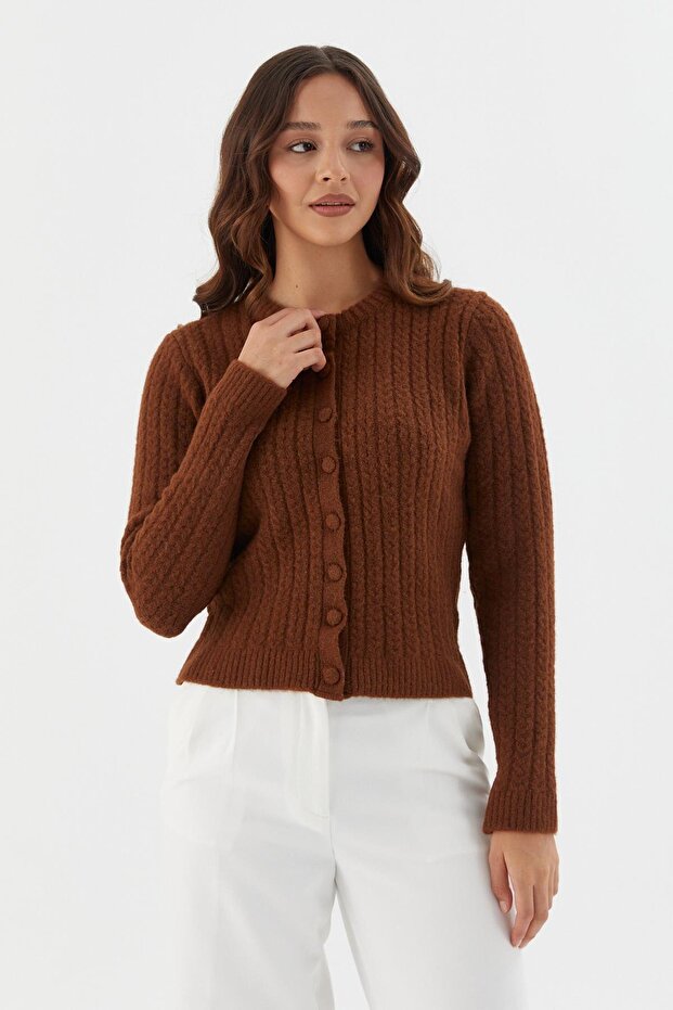 Crew Neck Ribbed Knit Cardigan Brown