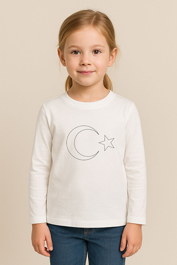 Moon Star Turkish Flag Printed White Crew Neck Combed Cotton Fabric Kids T-Shirt Blouse