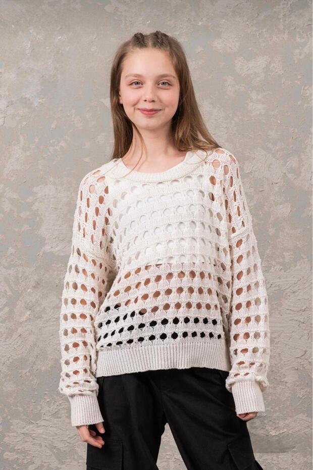 Cream Perforated Young Girl Knitwear