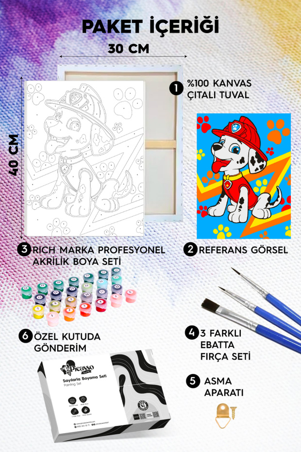 Sayılarla Boyama Numaralı Tuval Seti Fırça Boya Dahil 30x40 Cm Paw Marshal - 2