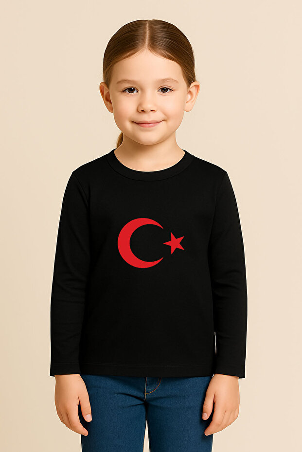 Moon Star Turkish Flag Printed Black Crew Neck Combed Cotton Fabric Kids T-Shirt Blouse