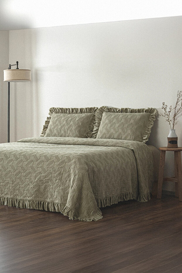 Tanya Green Double Size 100% Organic Cotton Pique Bedspread Set 240*260 cm