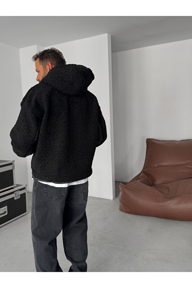 Siyah Kol Kapitone Kapüşonlu Peluş Sweatshirt YP-5004 - 6