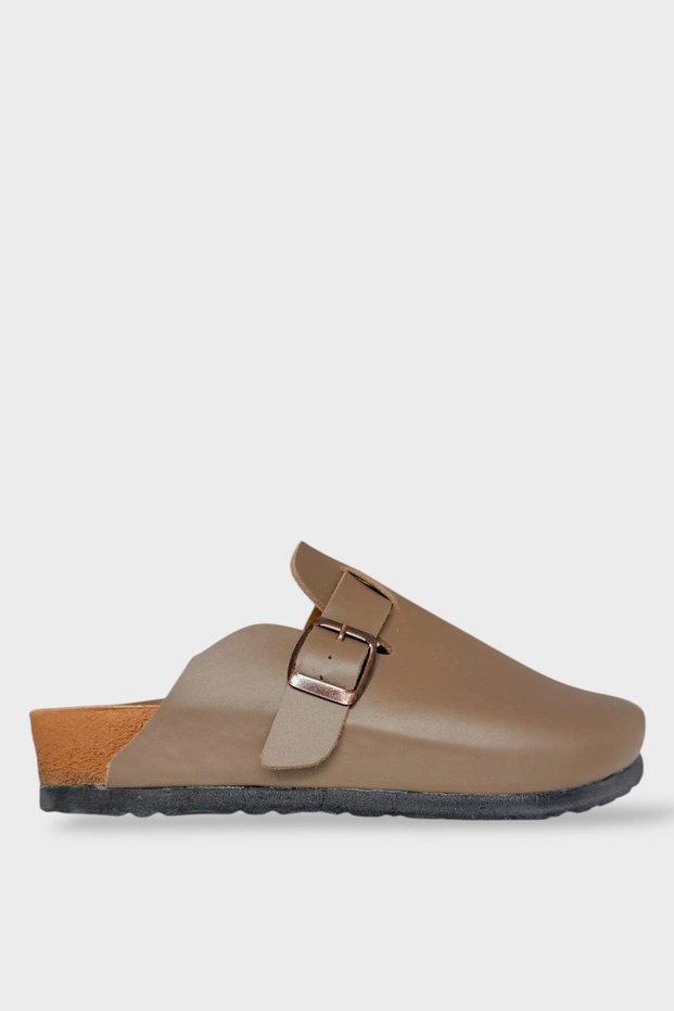 Unisex Buckle Detailed Cork Anatomical Sole Slippers Vi̇zon