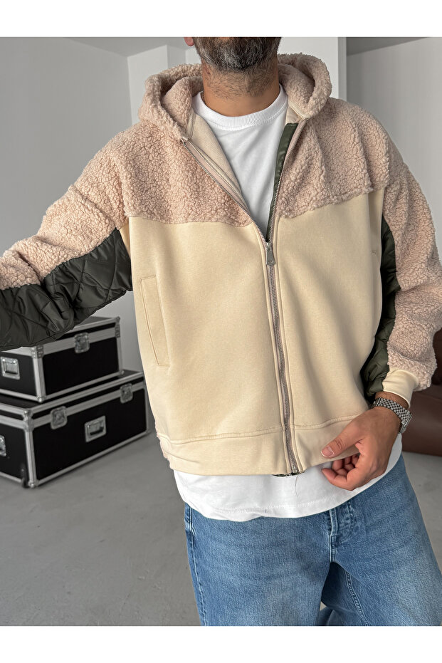 Bej Kol Kapitone Kapüşonlu Peluş Sweatshirt YP-5004 - 5