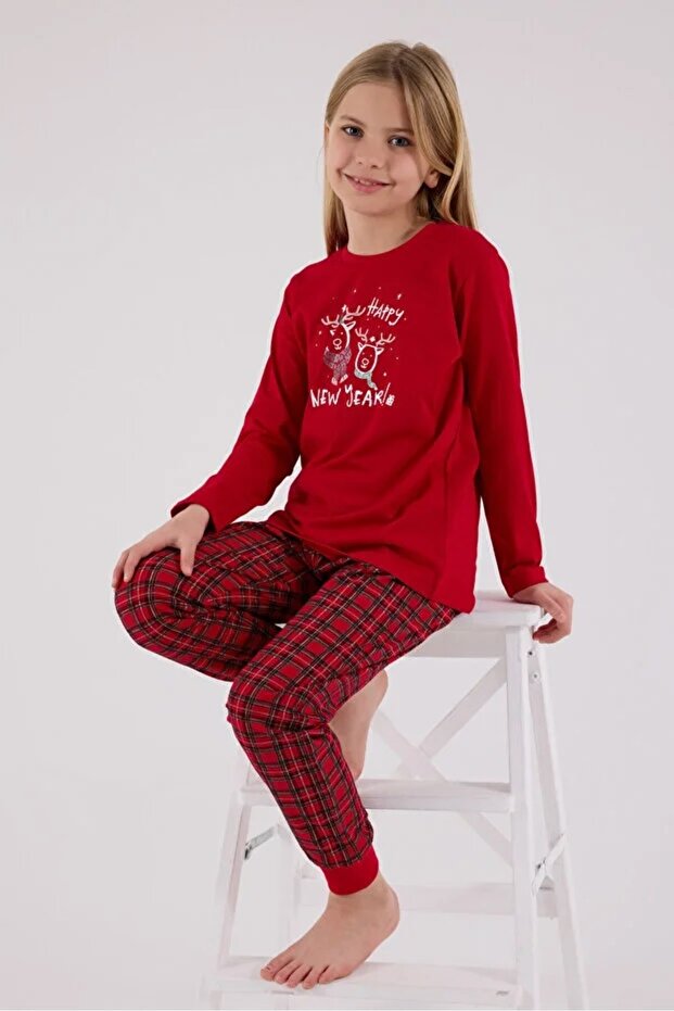 %100 PAMUK BİSİKLET YAKA YILBAŞI TEMALI EKOSE DESEN UZUN KOLLU KIZ ÇOCUK PİJAMA TAKIM - 4