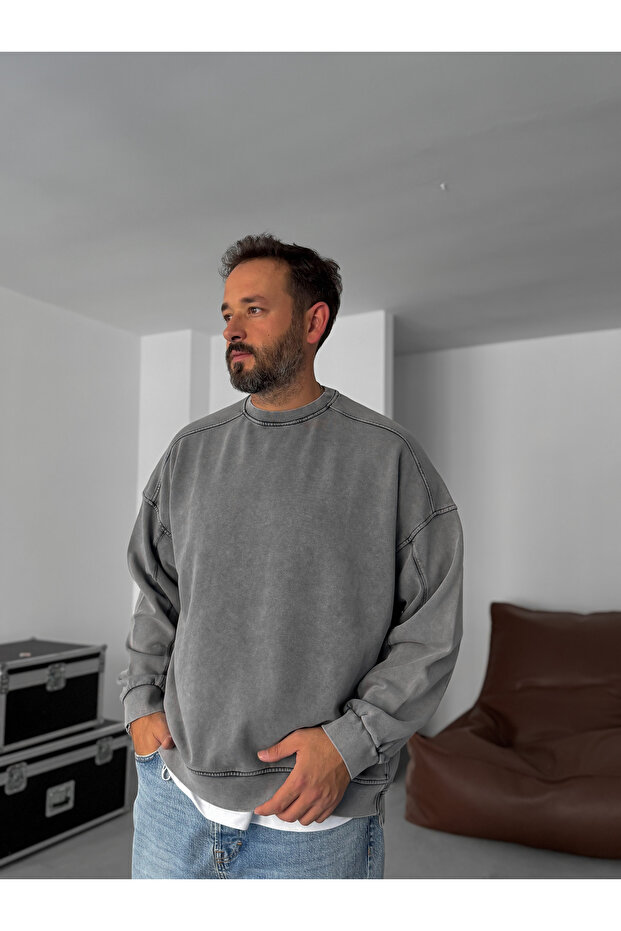 Antrasit Yıkamalı Dikişli Sweatshirt YP-5005 - 3