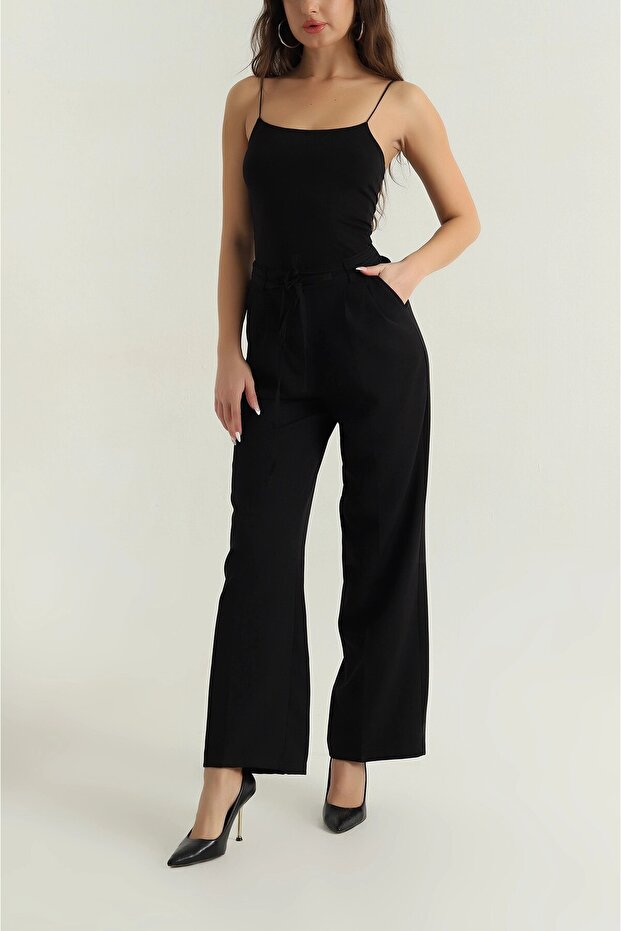 Women's Lace-Up Pleated Pocketed Lycra Palazzo Pants 5711085