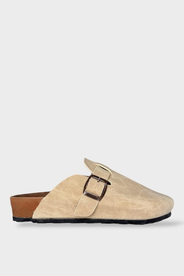 Unisex Buckle Detailed Cork Anatomical Sole Slippers Beige - Black