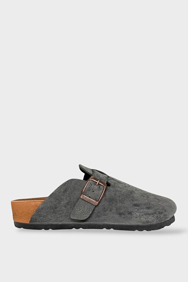 Unisex Buckle Detailed Cork Anatomical Sole Slippers Smoked