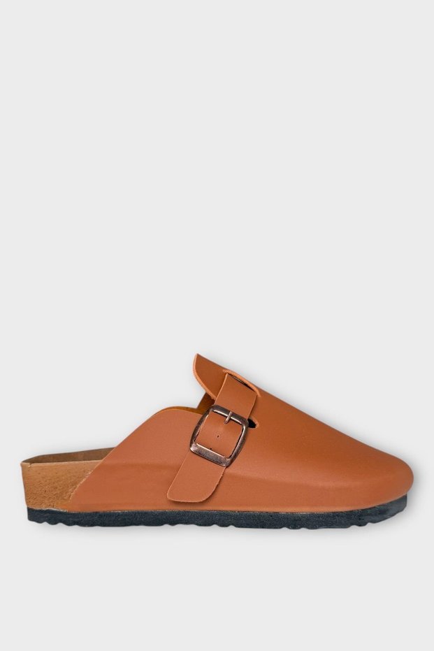 Unisex Buckle Detailed Cork Anatomical Sole Slippers Taba