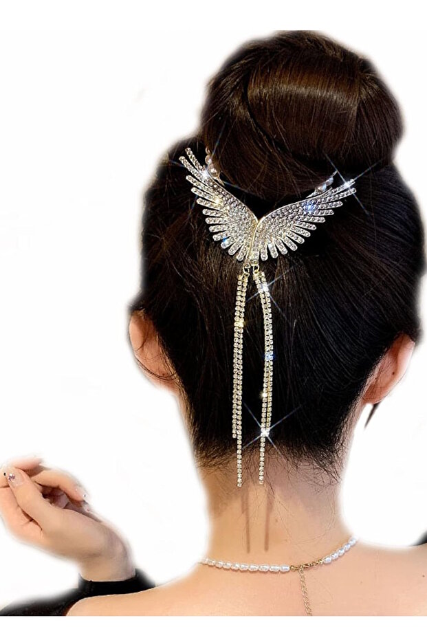 Silver Color Angel Wing Turban Buckle with Pearls and Stones