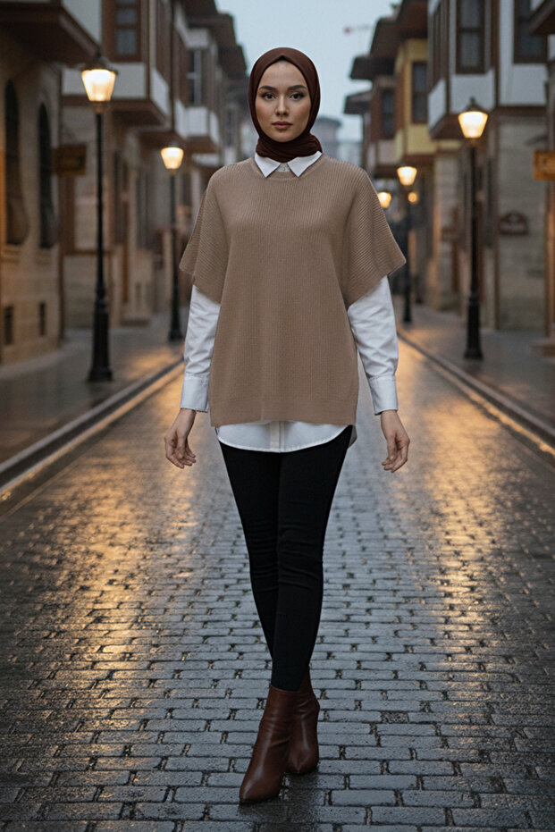 Oversize Triko Süveter H25305 Vizon - 1