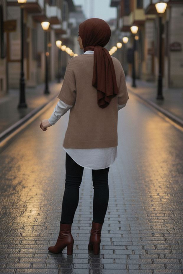 Oversize Triko Süveter H25305 Vizon - 4