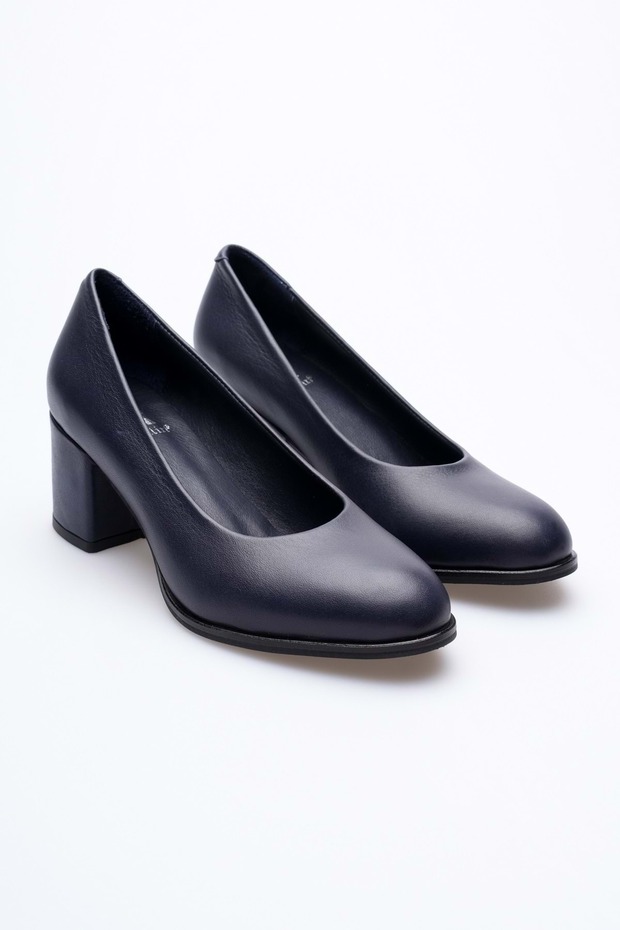 Women's Genuine Leather Thick Heeled Classic Shoes - Navy Blue