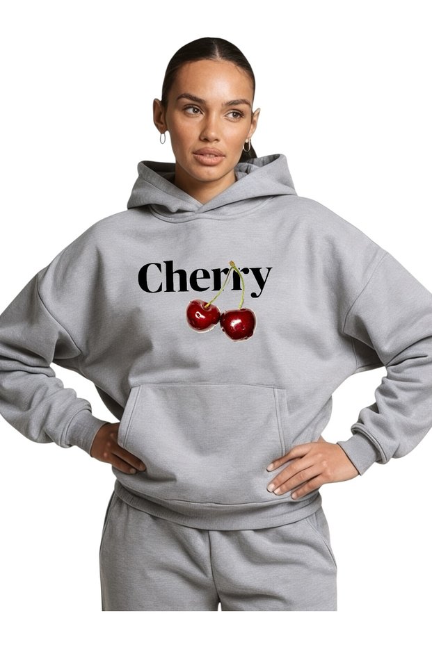 Unisex Cherry Colored Custom Printed Cotton Oversize Hooded Sweatshirt