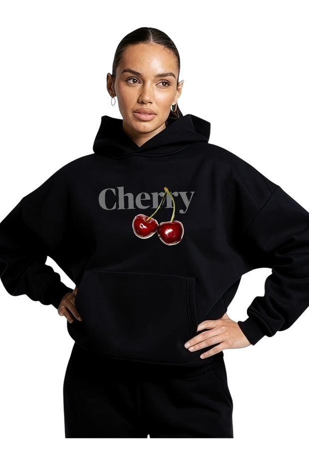 Unisex Cherry Colored Custom Printed Cotton Oversize Hooded Sweatshirt