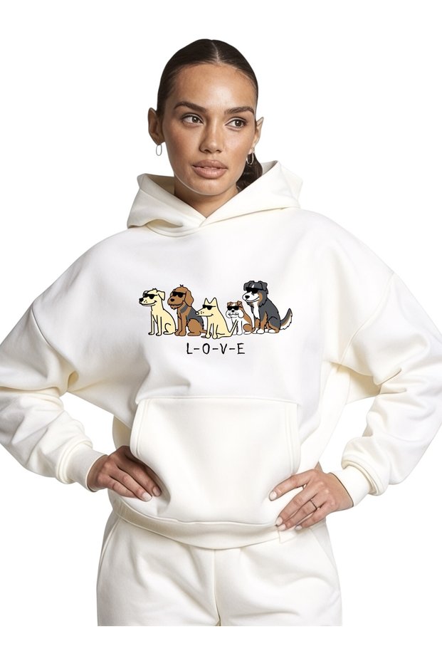 Unisex Love Dog Colorful Custom Printed Cotton Oversize Hooded Sweatshirt