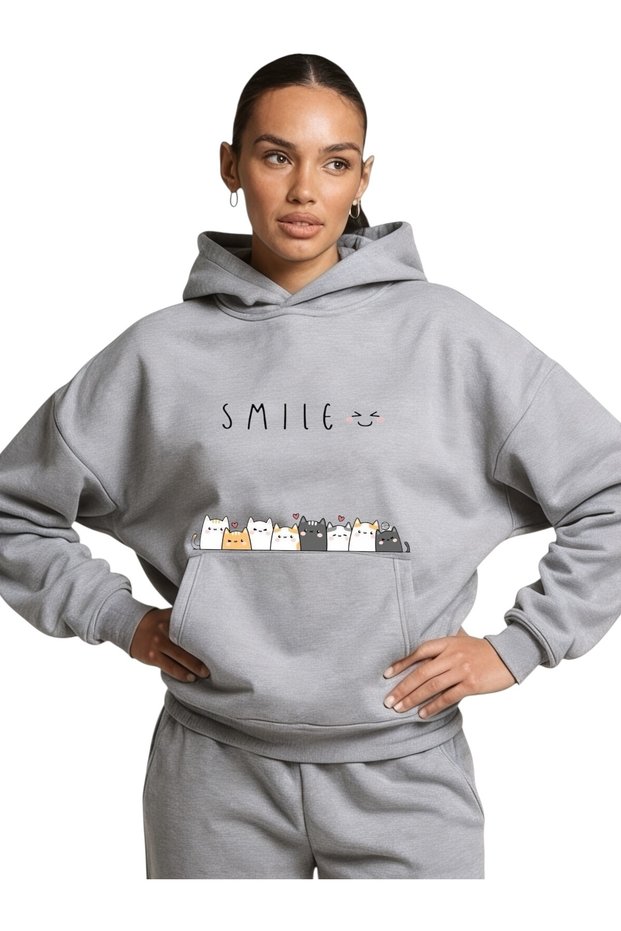 Unisex Smile Cat Colorful Custom Printed Cotton Oversize Hooded Sweatshirt