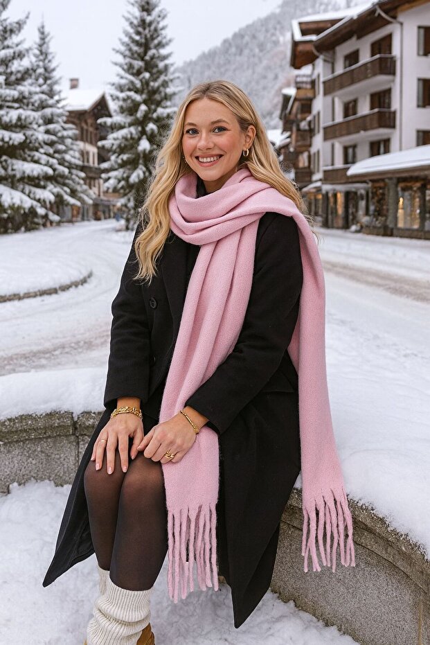 Powder Soft Textured Fringed Thick Women's Shawl