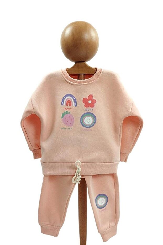 Powder Pink Rope Detailed 2-Piece Girls' Bottom - Top Tracksuit Set