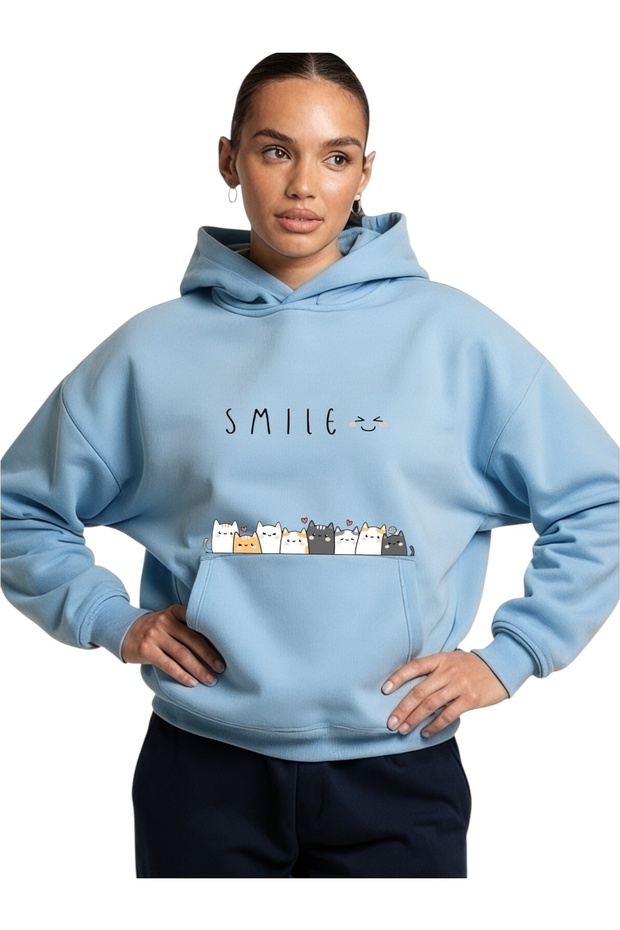 Unisex Smile Cat Colorful Custom Printed Cotton Oversize Hooded Sweatshirt