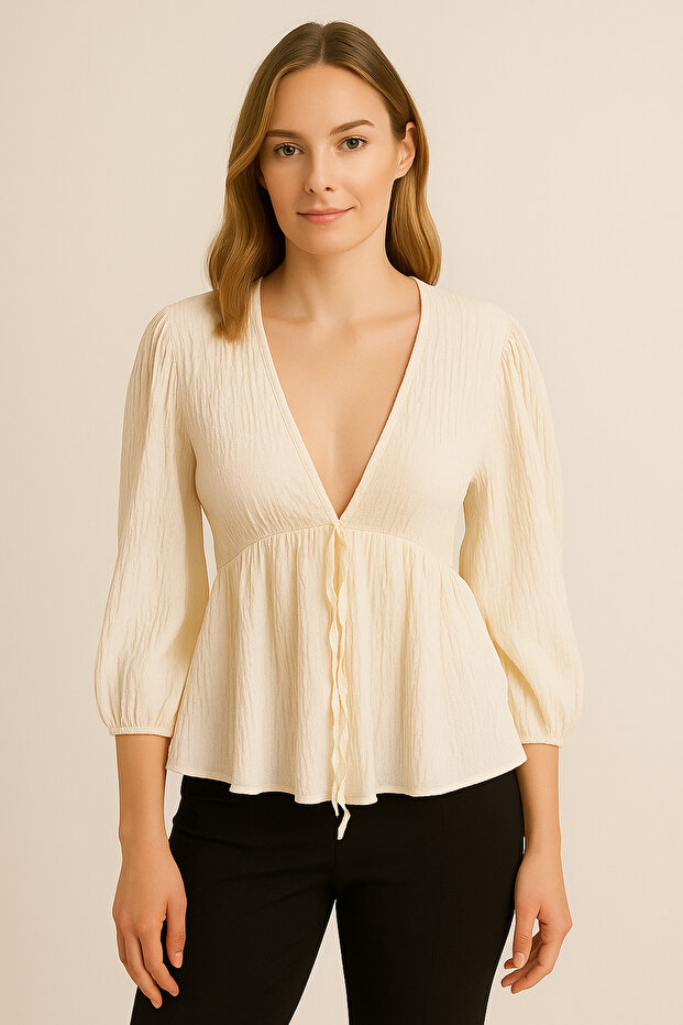 Women's Clothing Short Sleeve V-Neck Front Lace-Up Cream Color Blouse