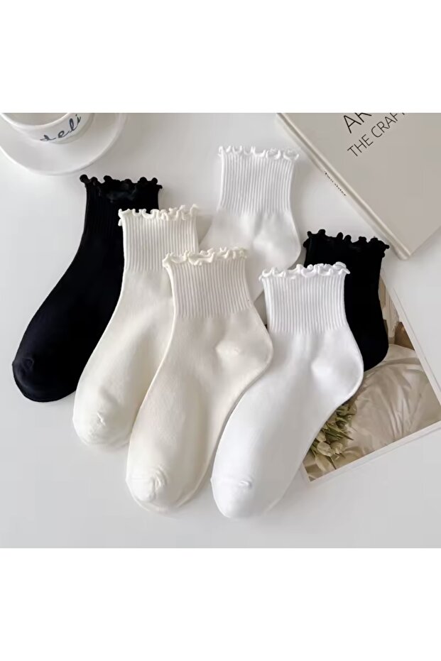 3-Piece Ruffle Detailed 100% Cotton Women's Short Socks