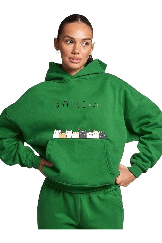Unisex Smile Cat Colorful Custom Printed Cotton Oversize Hooded Sweatshirt