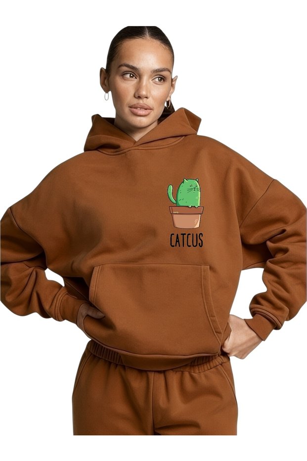 Unisex Catcus Colorful Custom Printed Cotton Oversize Hooded Sweatshirt
