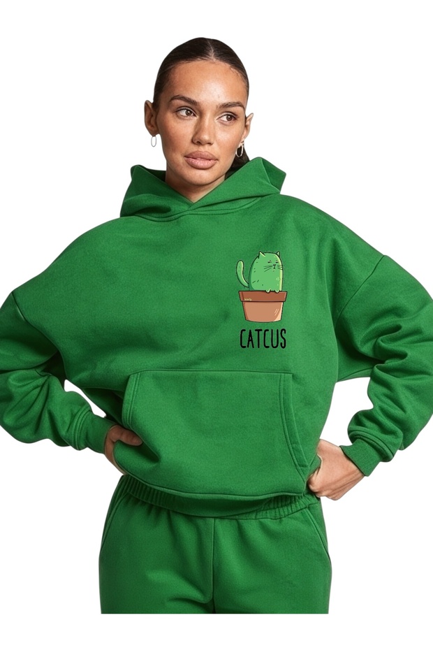 Unisex Catcus Colorful Custom Printed Cotton Oversize Hooded Sweatshirt