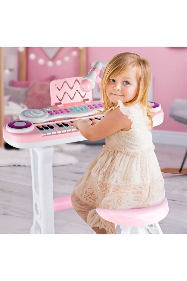 Children's Set Keyboard, Mp3 Function, with Microphone and Chair, 37 Keys, Pink Color - 7