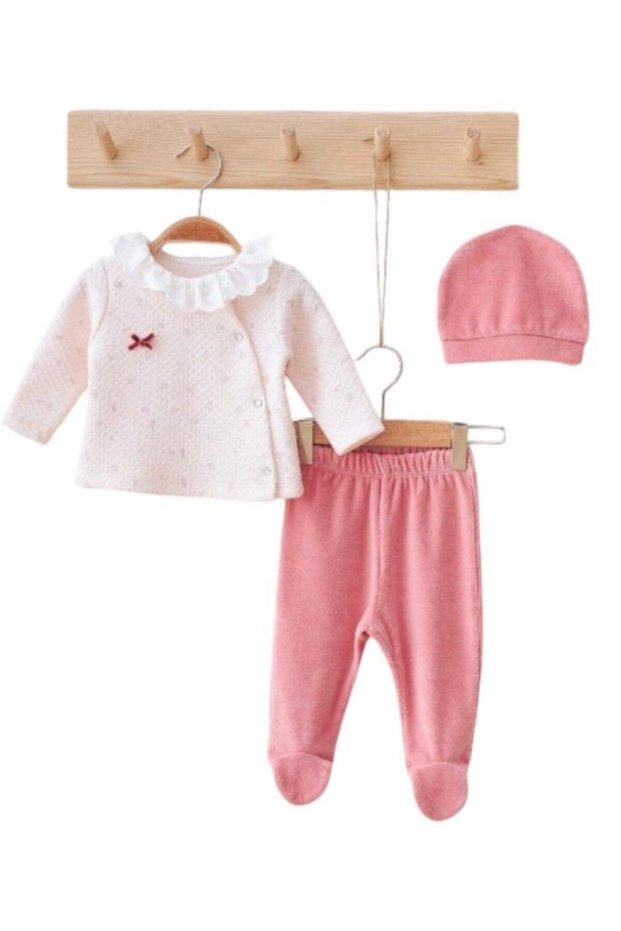 Quilted Pink Blouse, Velvet Booties Pants and Beret 3-Piece Baby Girl Top and Bottom Set
