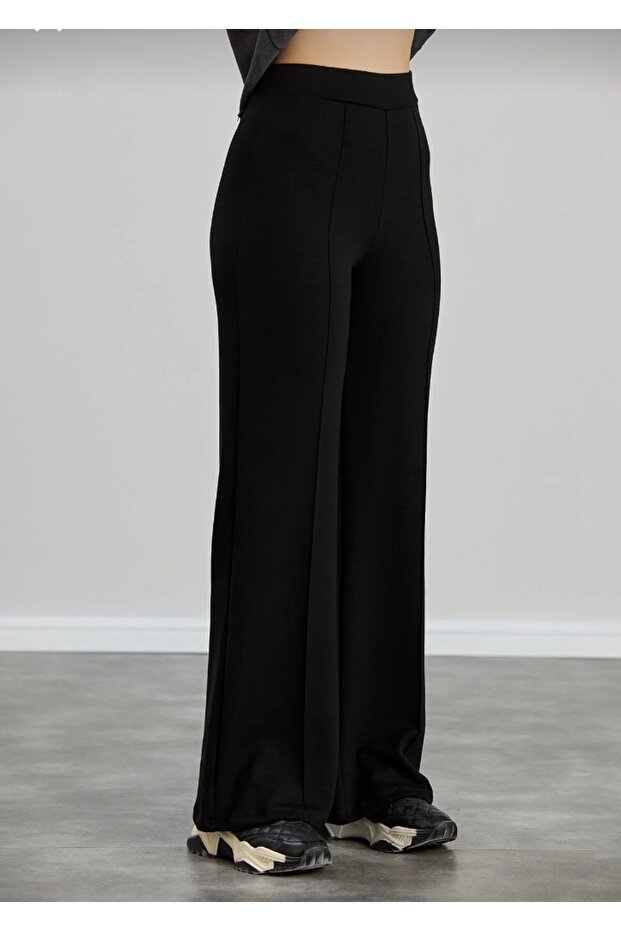 Women's Black Wide-Leg Modal Cimale High-Waisted Soft Textured Elastic Waistband Lycra Pants