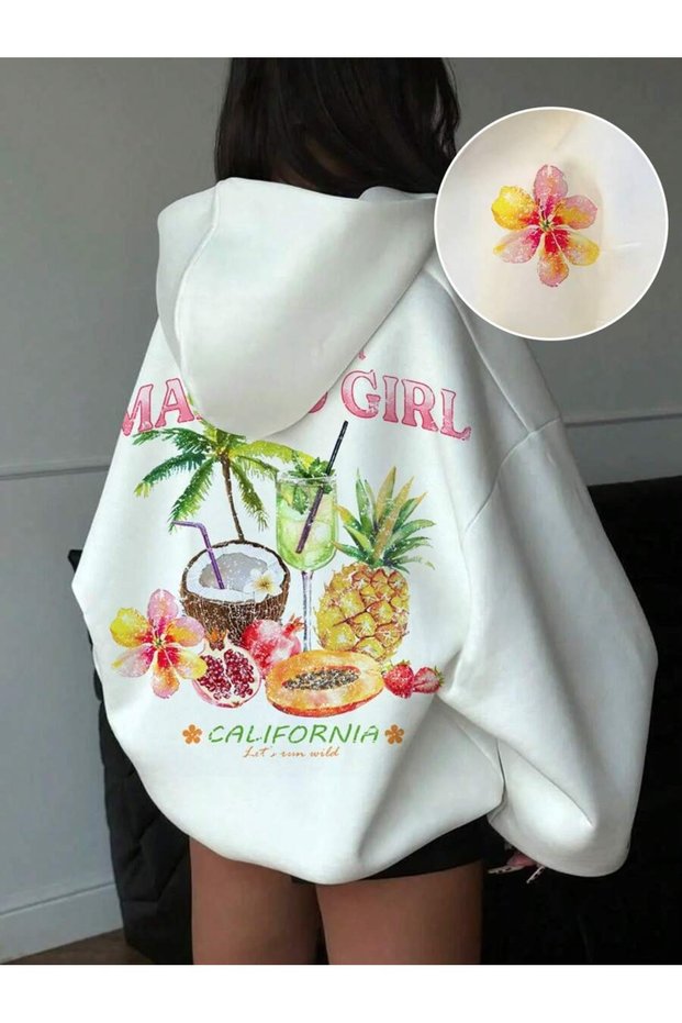 Women's Malibu Girl Printed 3 Thread Pocketless Hoodie Sweatshirt