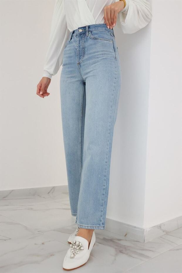 Ns-10241 High Waist Light Blue Jean High Boyfriend Loose Wide Leg Denim Pants