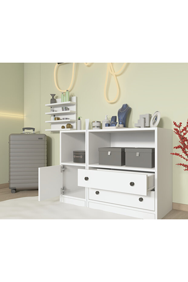 Modüler Takı & Aksesuar Dolabı Seti 2 çekmece kapaklı, 40 cm duvar rafı dâhil,Beyaz-PNR-TADLP-1003 - 2