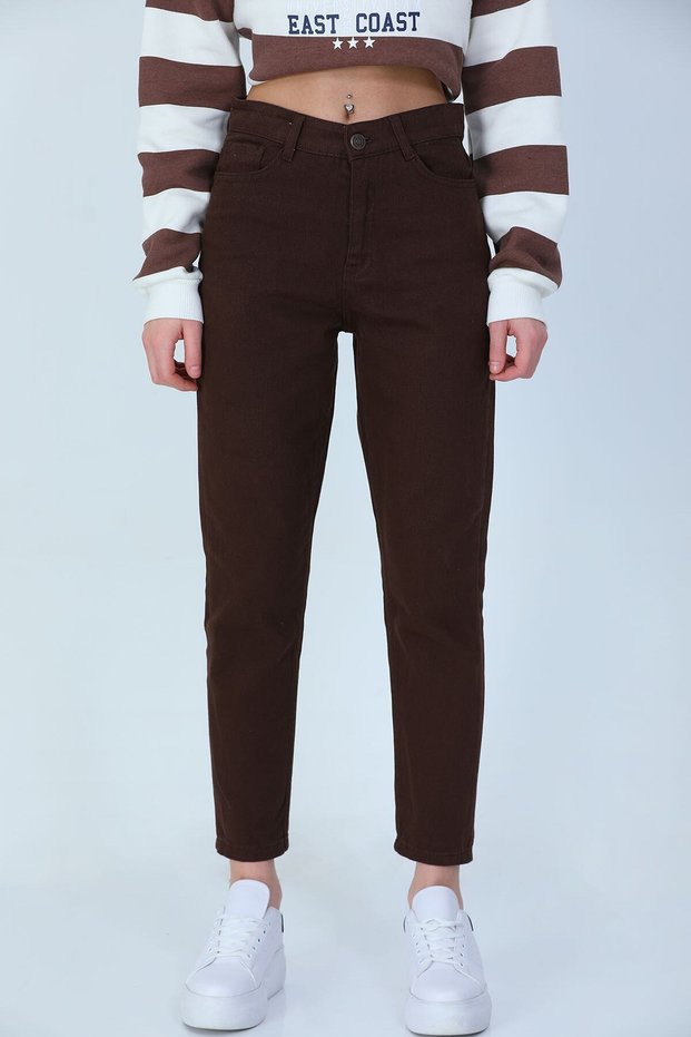 Ns-99912 Brown Women's Mom Jeans Pants High Waist Slim Leg Jeans