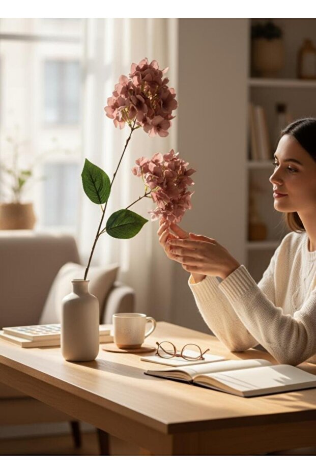 Yapay Çiçek Ortanca 90cm 2Toplu Gülkurusu Koyu Tek Dal Kumaş Çiçek Uzun Dal - 6
