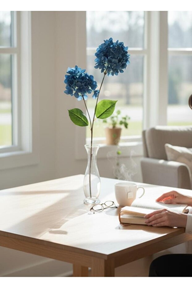 Yapay Çiçek Ortanca 90cm 2Toplu Mavi Koyu Tek Dal Kumaş Çiçek Uzun Dal - 7