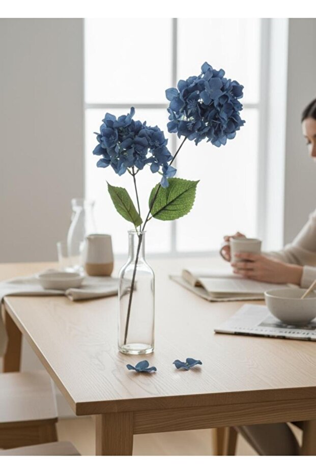 Yapay Çiçek Ortanca 90cm 2Toplu Mavi Koyu Tek Dal Kumaş Çiçek Uzun Dal - 3