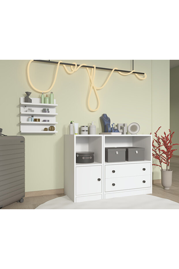 Modüler Takı & Aksesuar Dolabı Seti 2 çekmece kapaklı, 40 cm duvar rafı dâhil,Beyaz-PNR-TADLP-1003 - 3