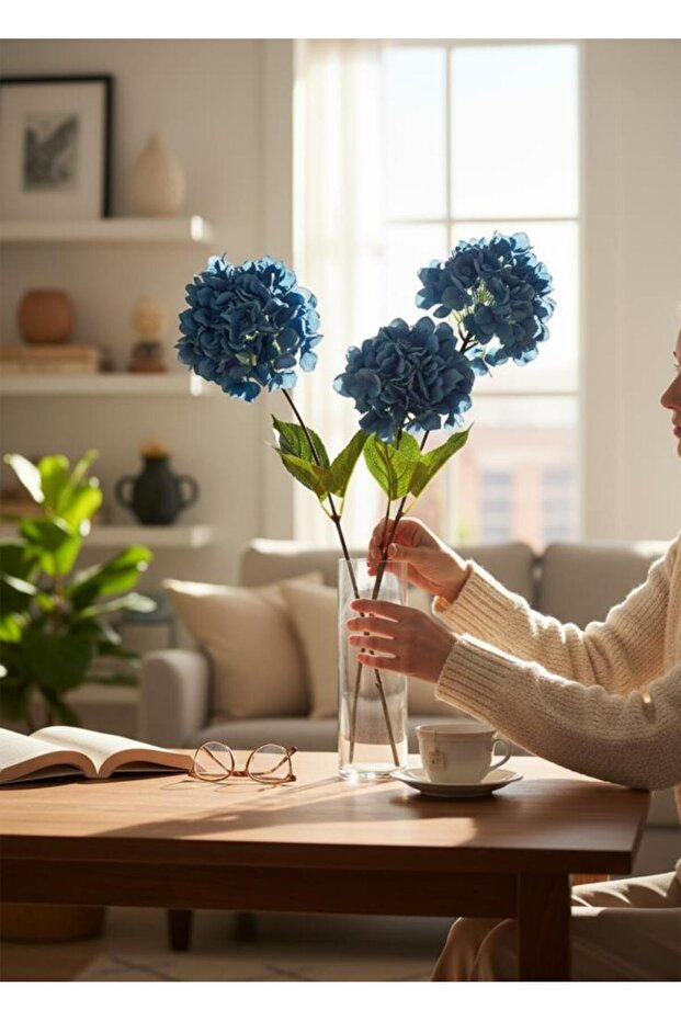 Yapay Çiçek Ortanca 90cm 2Toplu Mavi Koyu Tek Dal Kumaş Çiçek Uzun Dal - 5