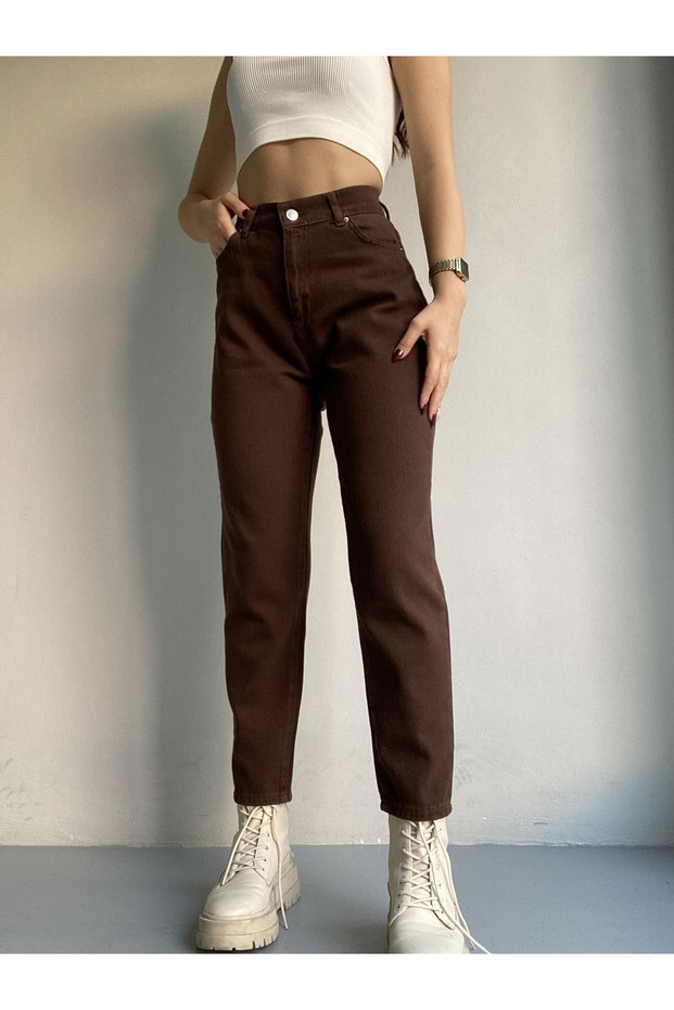 A187013 High Waist Mom Women's Jeans Brown Jeans Slim Fit Jeans