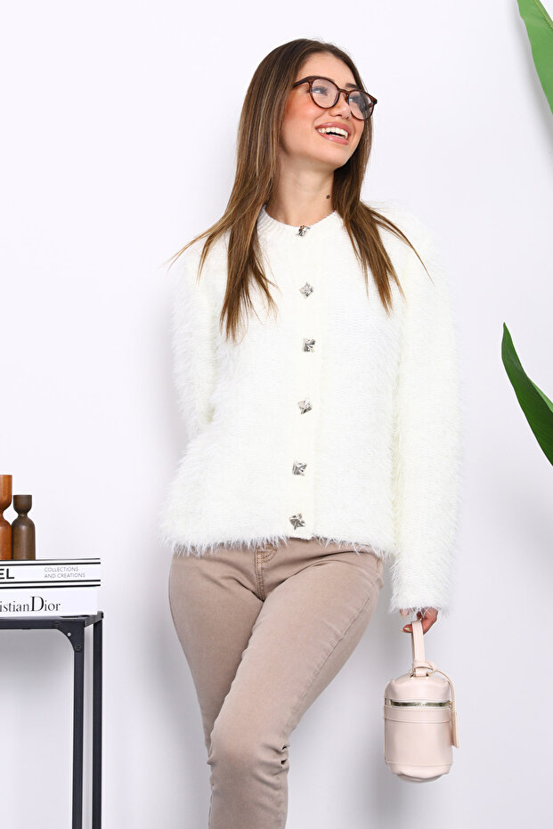 Cream Buttoned Glitter Angora Soft Knit Cardigan