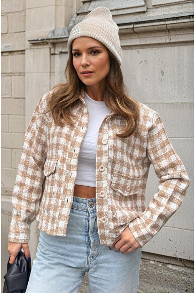 Women's Chanel Plaid Lumberjack Tweed Short Pocketed Melton Jacket 700-3540209