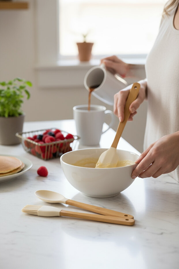 5'Li Silikon Bambu Saplı Spatula Seti (Krem) - 1